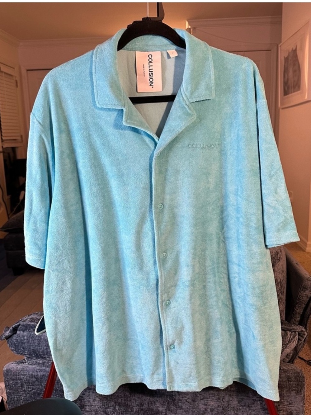ASOS Collusion Terrycloth Button-Up Shirt in Aqua Blue